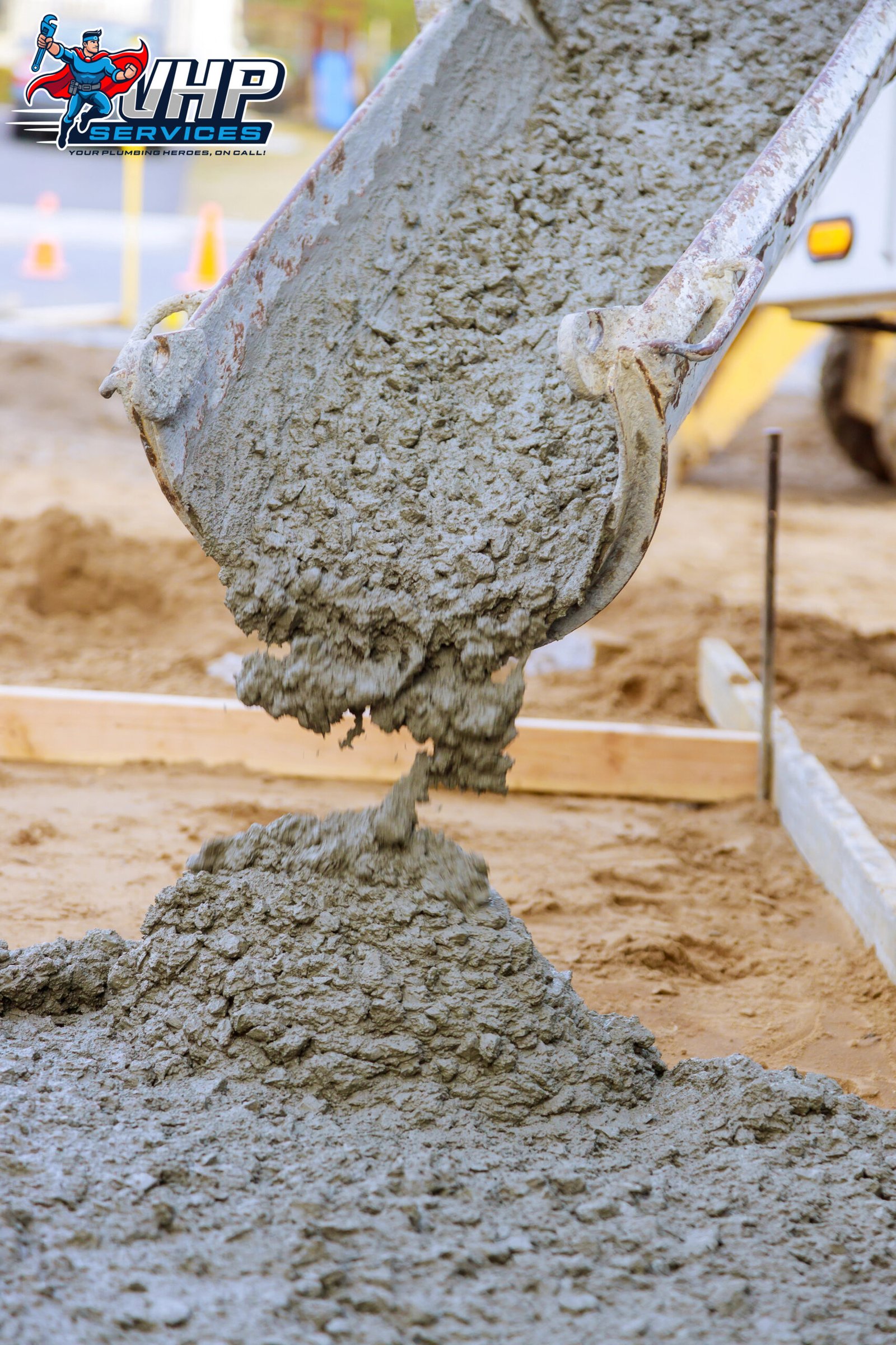 Pouring concrete with cement mixer truck construction in the sidewalk