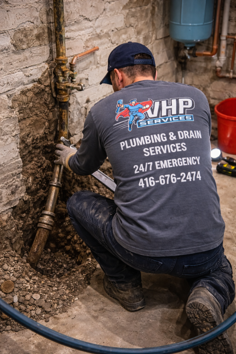 water line repair technician fixing pipe beside house Toronto