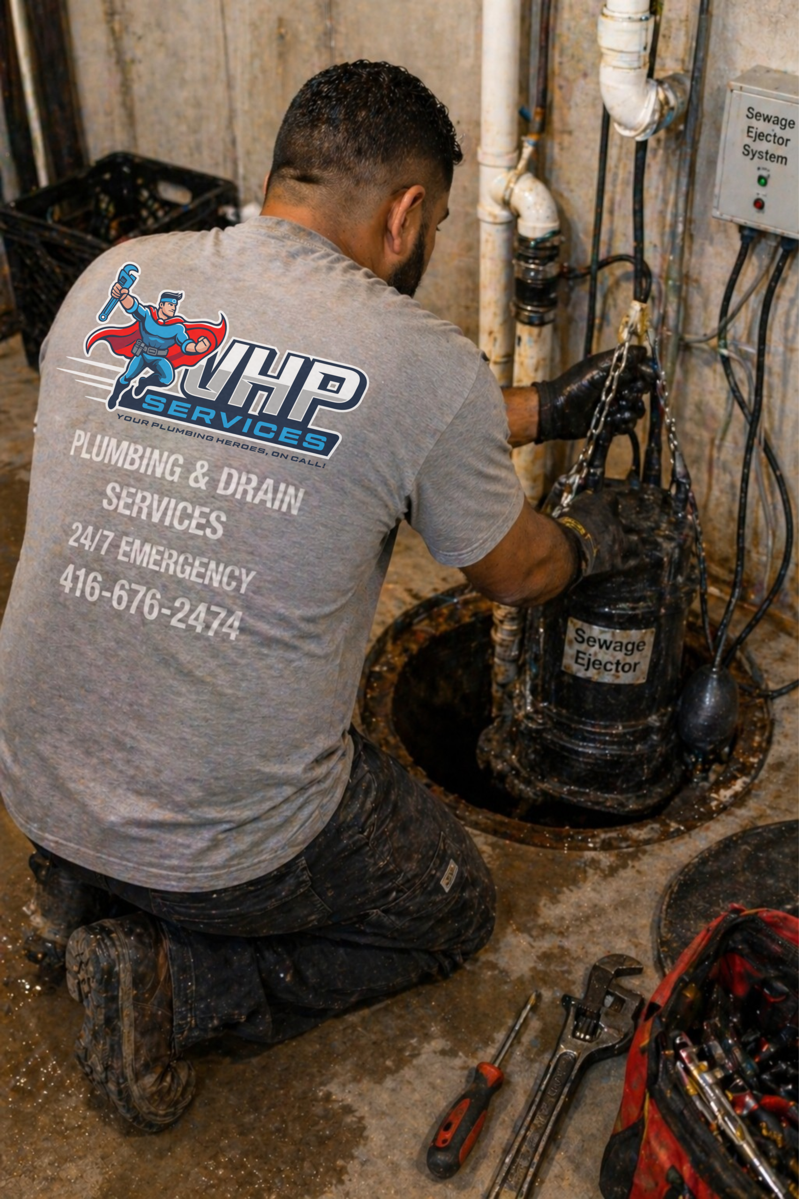 Sewage ejector pump replacement installation service Toronto GTA basement plumbing