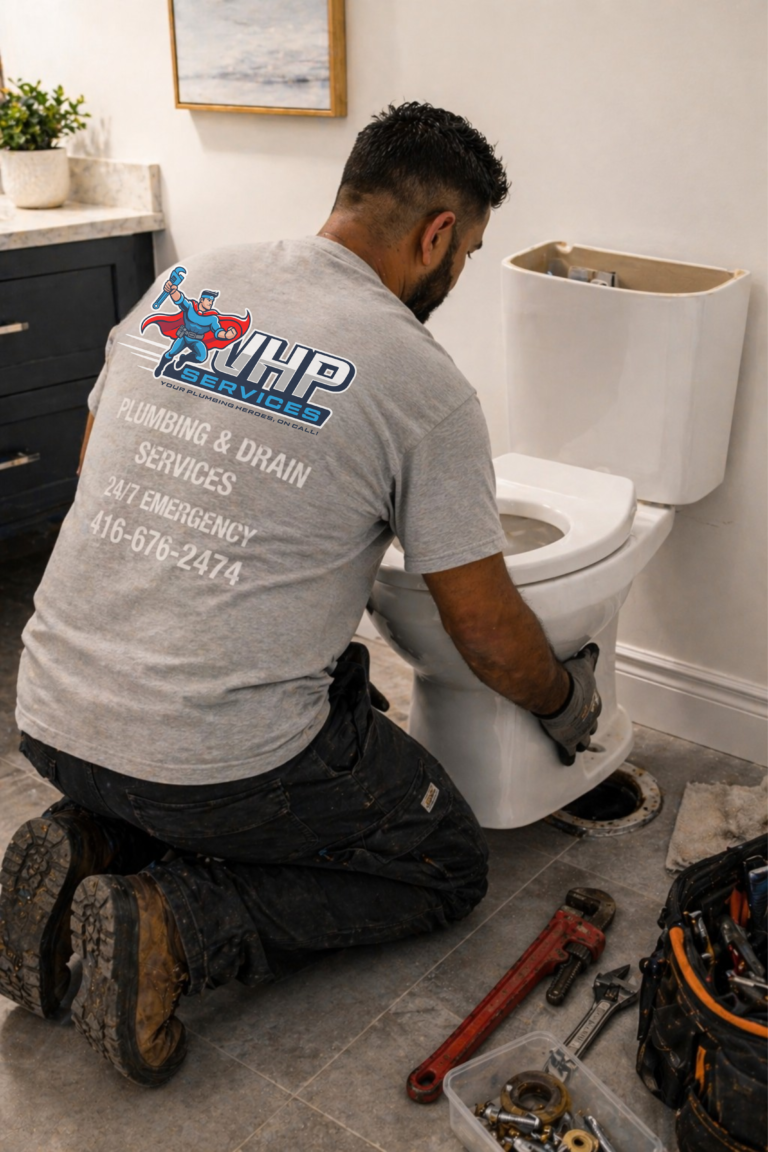 Plumber installing toilet in bathroom Toronto GTA plumbing service